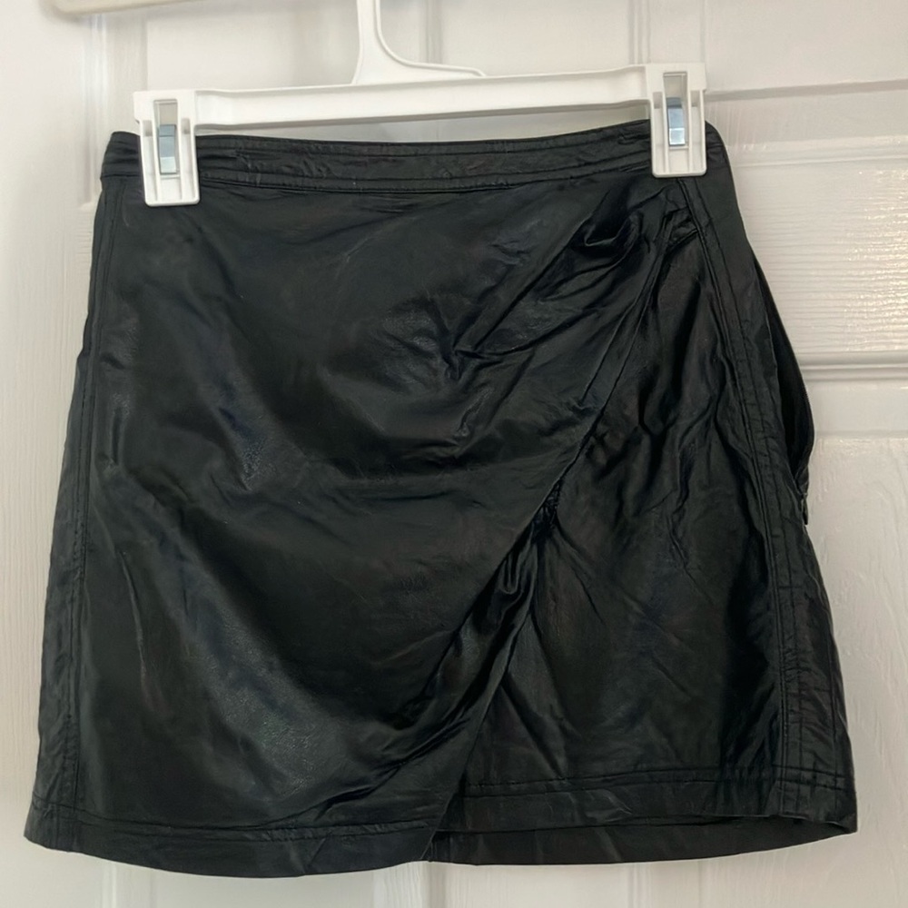 Free People Black Ruched Wrap Faux Leather Mini Skirt